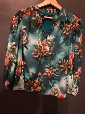 INC Tropical green floral cotton blouse